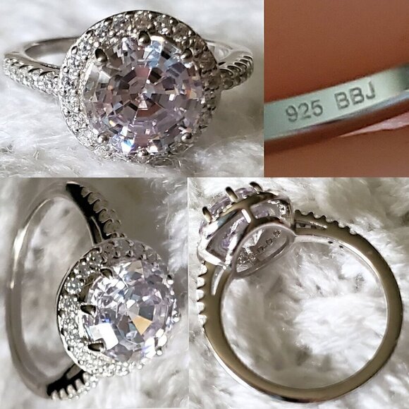 Fancy Cut Round Diamond Simulant, CZ Rhodium Over Sterling Silver Ring - Picture 2 of 3
